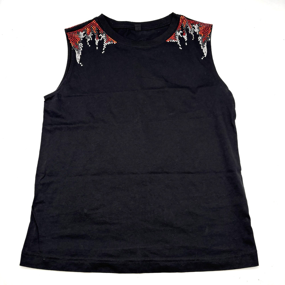 UNIQLO Black Cotton Red Rhinestone Flame Shoulders Sleeveless Tank Top Size S